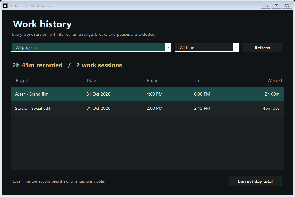 Actual IZ Focus history showing two demo project sessions and worked durations