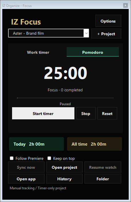 Actual IZ Focus widget showing Pomodoro, timer controls, and Today and All time totals