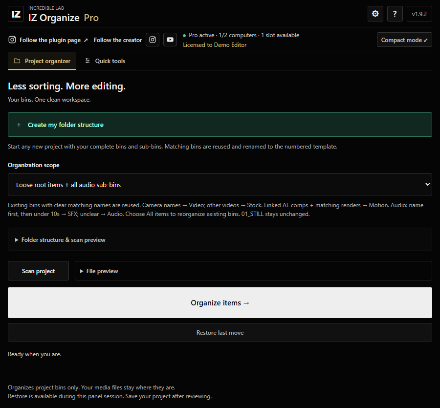 IZ Organize Pro interface with folder organization and project tools