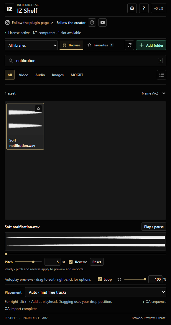 IZ Shelf stereo waveform with pitch and reverse controls